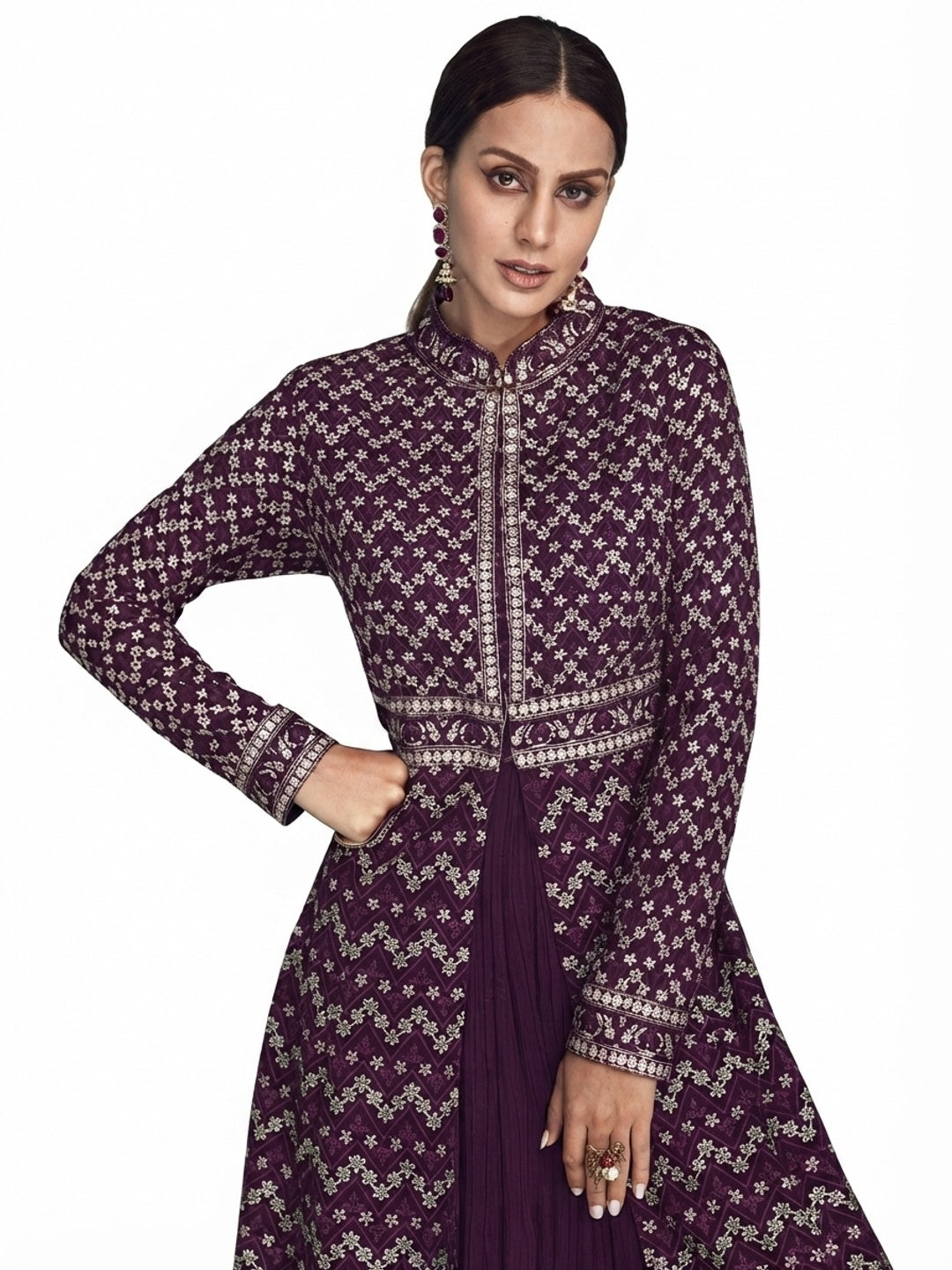 Purple Floral Embroidered Georgette Front Slit Suit - Image 1