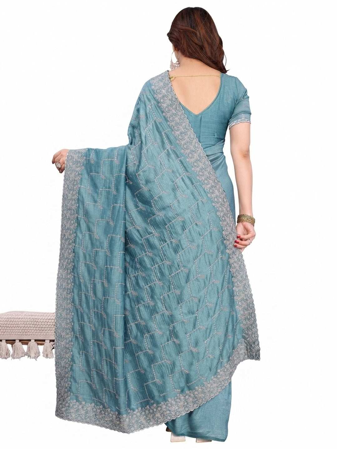 Refreshing Aqua Blue Vichitra Silk Saree with Traditional Zari Embroidery and Stone Embellishments - Image 1