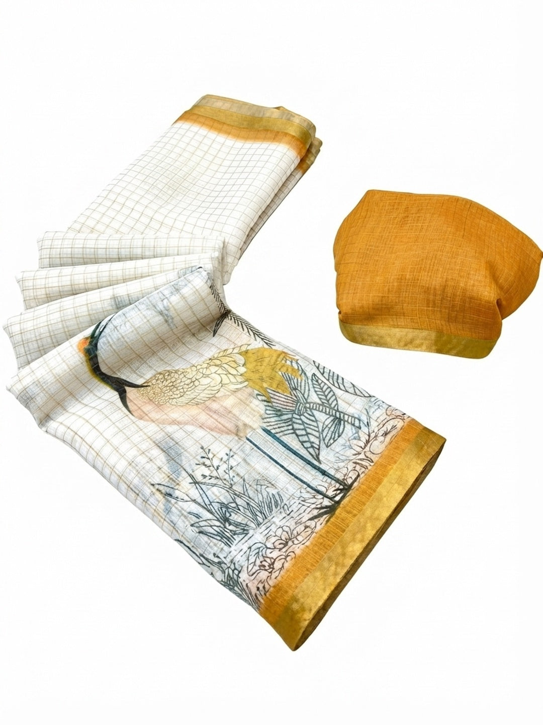 Off White and Mustard Checkered Printed Linen Saree with a Breezy Feel - Image 1