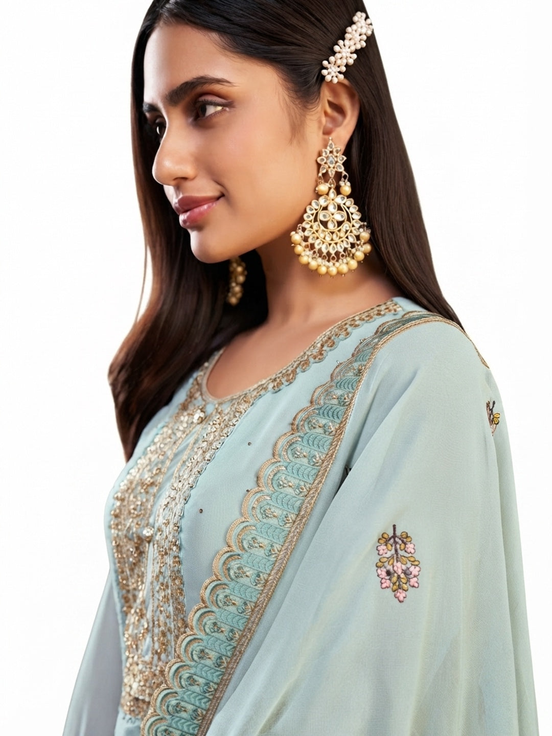 Blue Floral Embroidery With Swarovski Work Georgette Semi Stitched Suit - Image 1