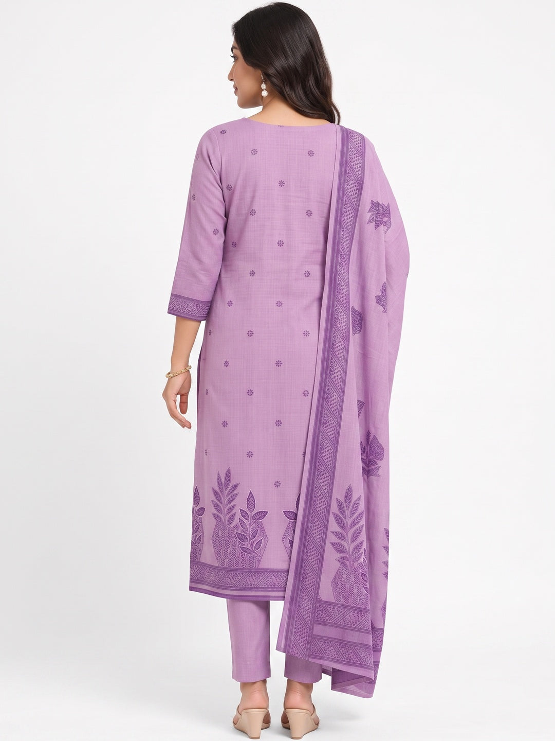 Peachmode Purple Cotton Dress Material with Ethnic Motifs - Flat lay