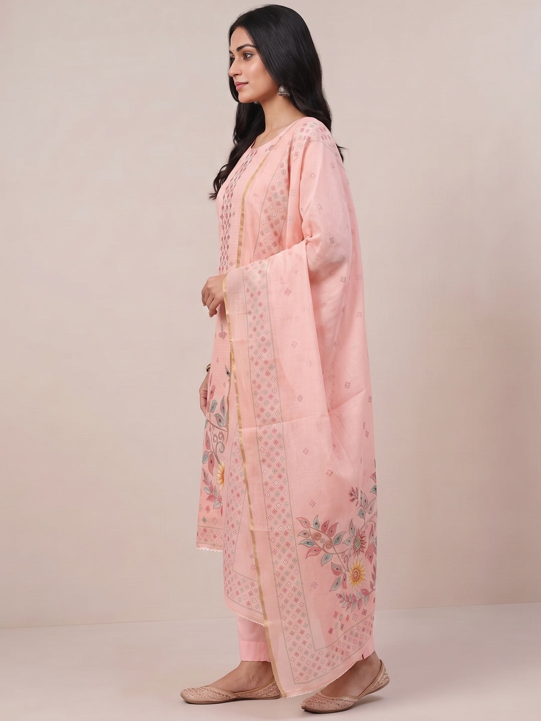 Peachmode Pink Kota Doria Dress Material with Floral - Image 4