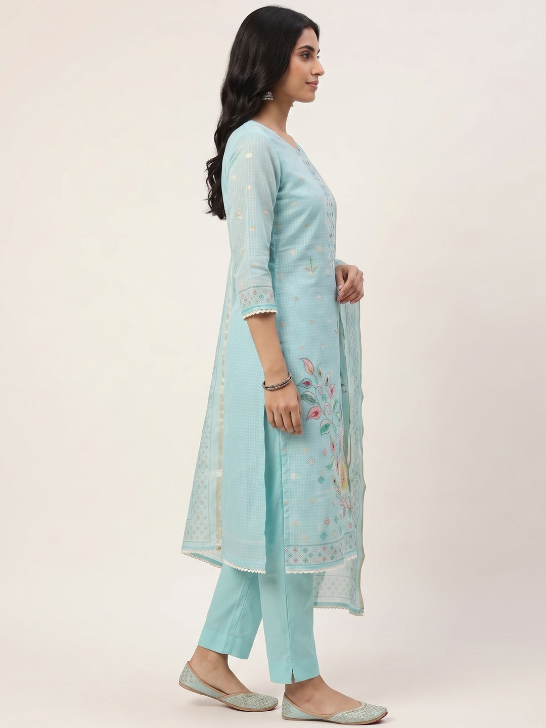 Peachmode Turquoise Kota Doria Dress Material with Floral Print - Image 4