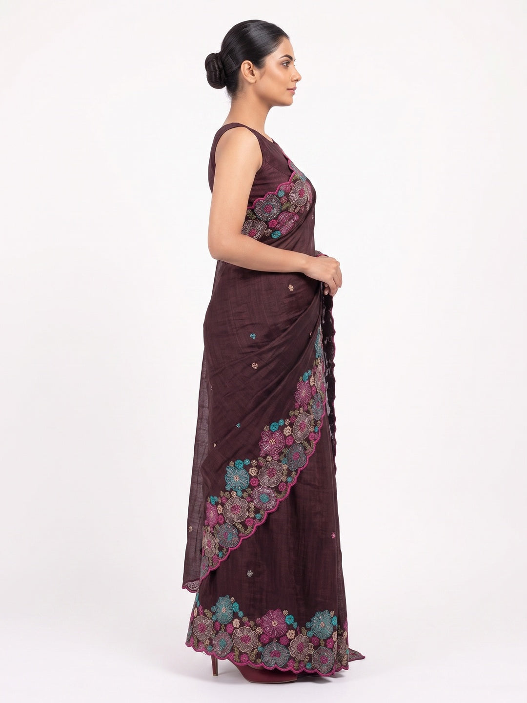 Wine Sheer Chiffon Saree with Artistic Floral Sequins Work - Image 3