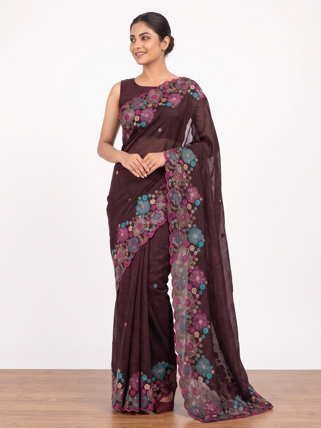 Wine Sheer Chiffon Saree with Artistic Floral Sequins Work - Image 4