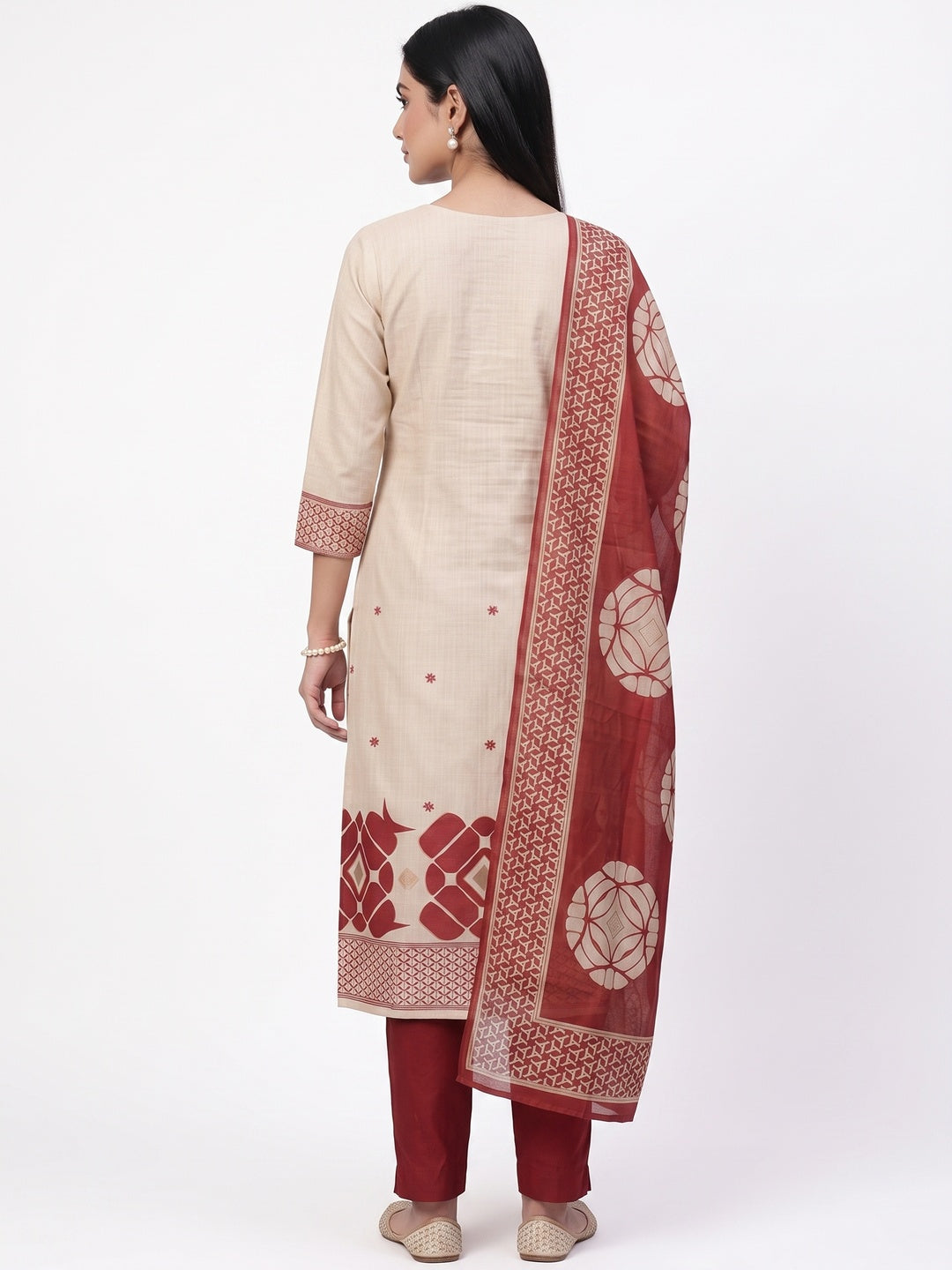 Peachmode Red Cotton Dress Material with Geometric - Flat lay