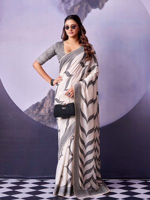 Peachmode Off White Black Printed Cotton Saree - Image 1