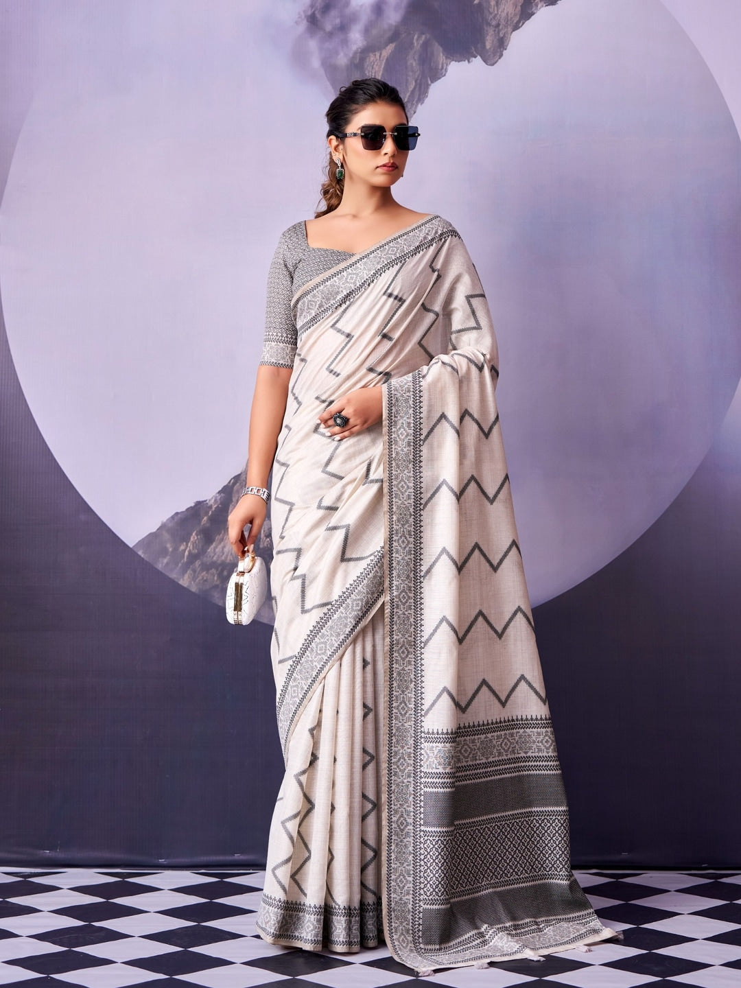Peachmode Off White Black Geometric Cotton Saree - Image 1