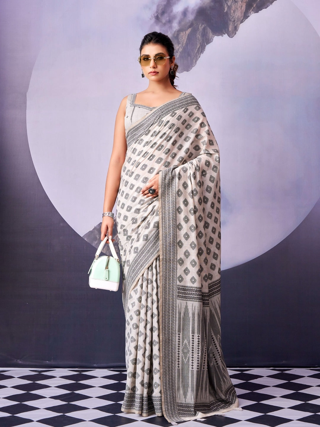 Peachmode Off White Black Motif Cotton Saree - Image 1