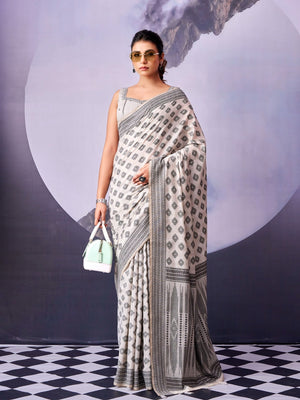 Peachmode Off White Black Motif Cotton Saree - Image 1