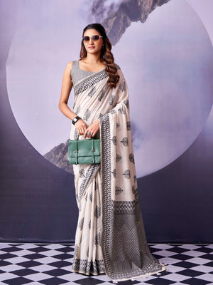Peachmode Off White Black Leaf Cotton Saree - Image 1