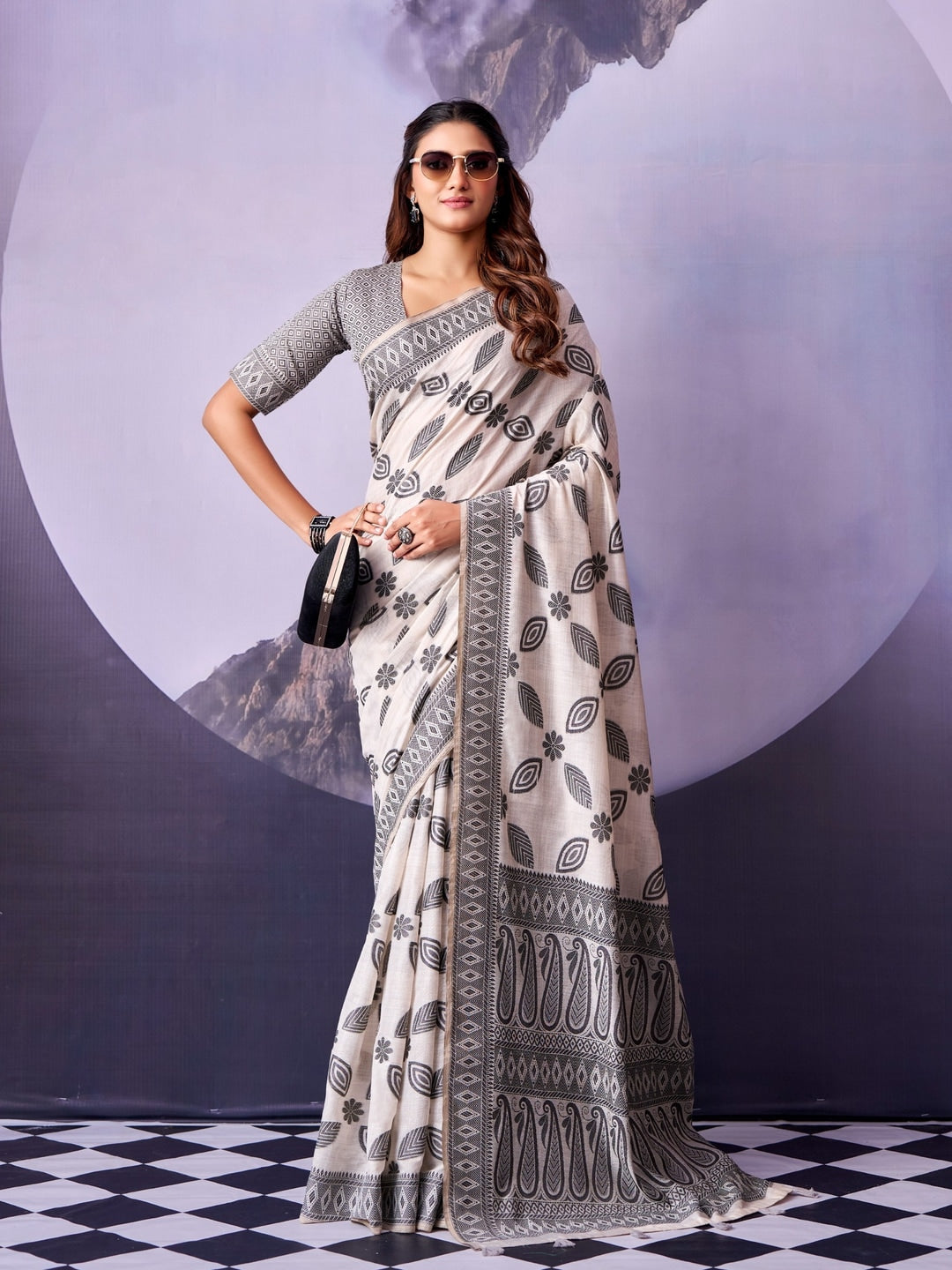 Peachmode Off White Black Geometric Cotton Saree - Image 1