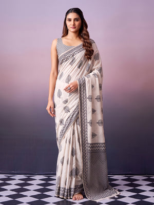 Peachmode Off White Black Leaf Cotton Saree - Image 2