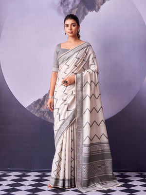 Peachmode Off White Black Geometric Cotton Saree - Image 2