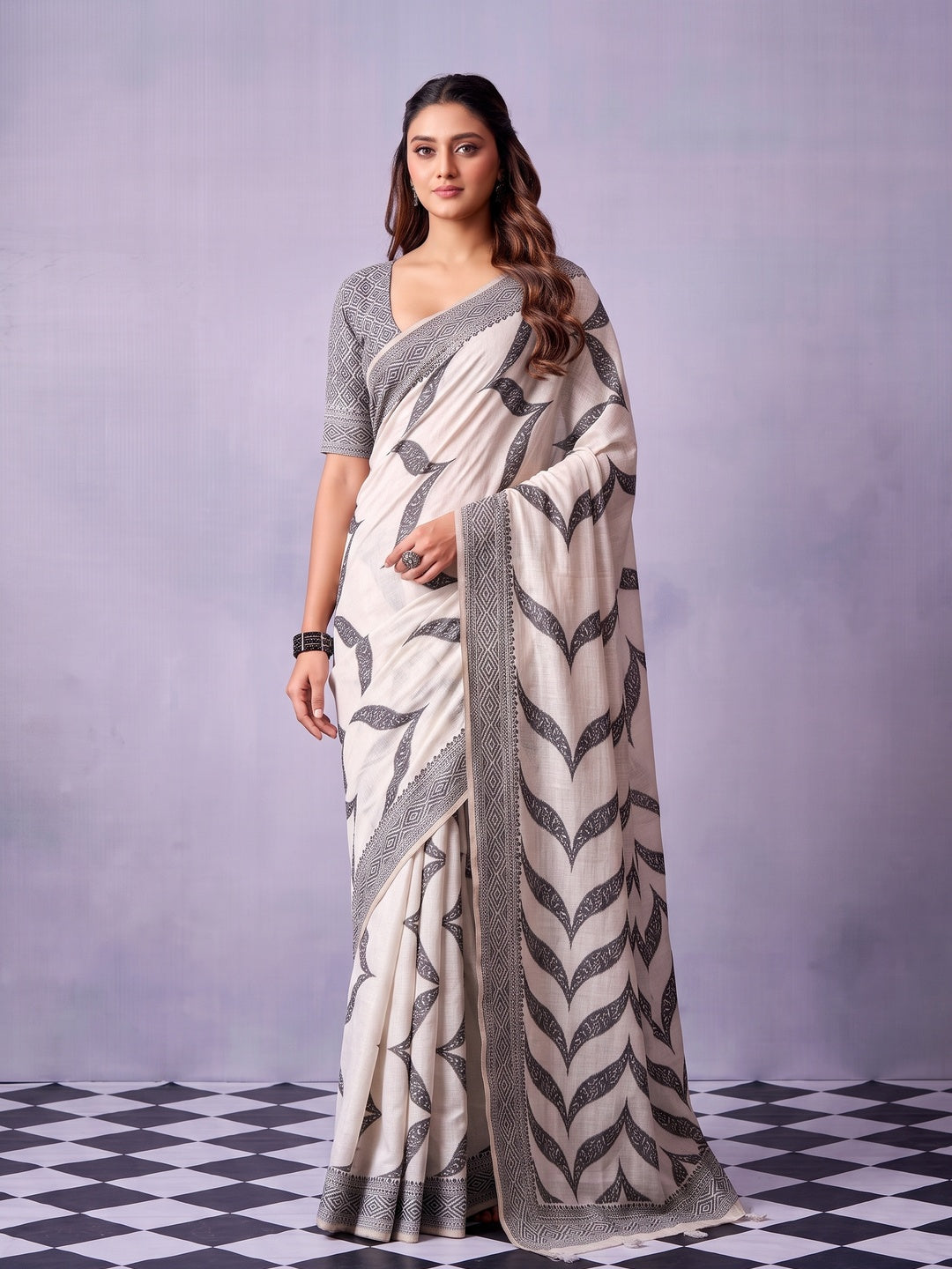 Peachmode Off White Black Printed Cotton Saree - Image 2