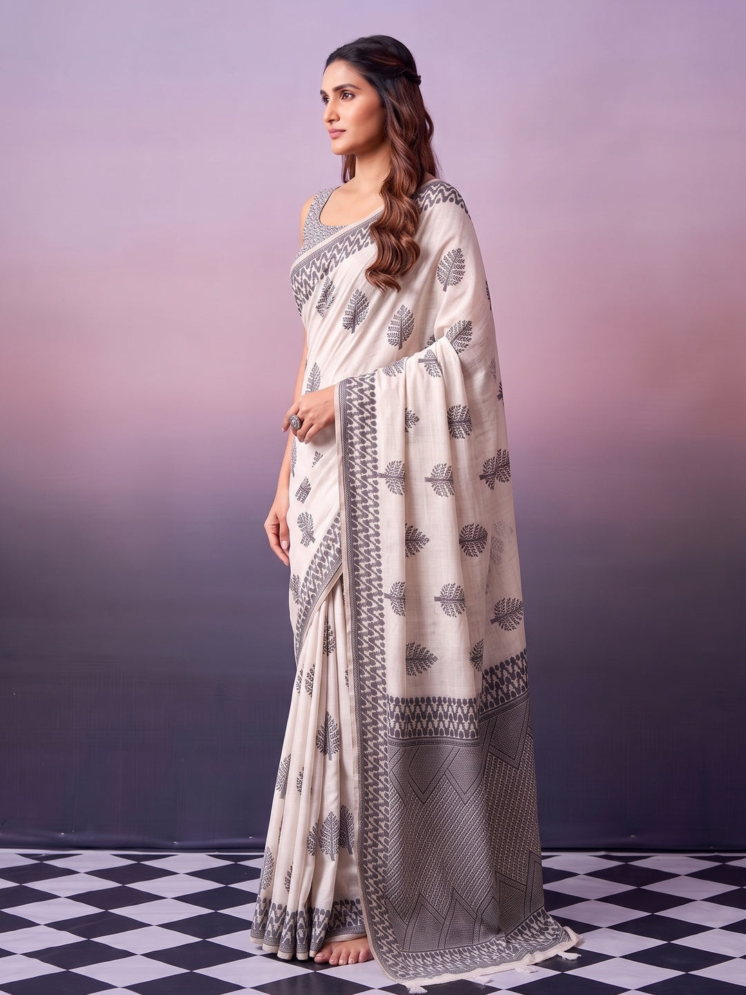 Peachmode Off White Black Leaf Cotton Saree - Image 4