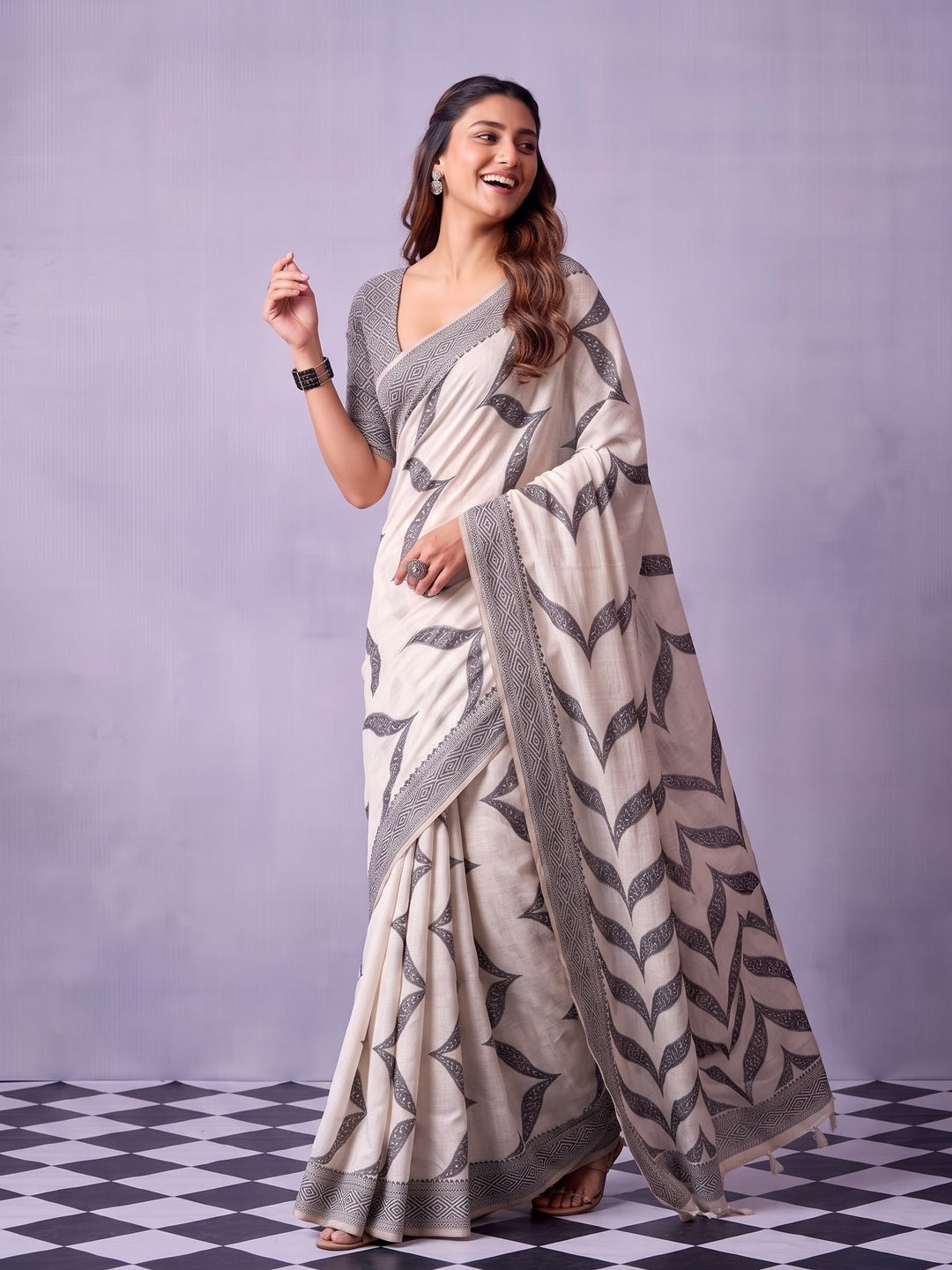 Peachmode Off White Black Printed Cotton Saree - Image 5