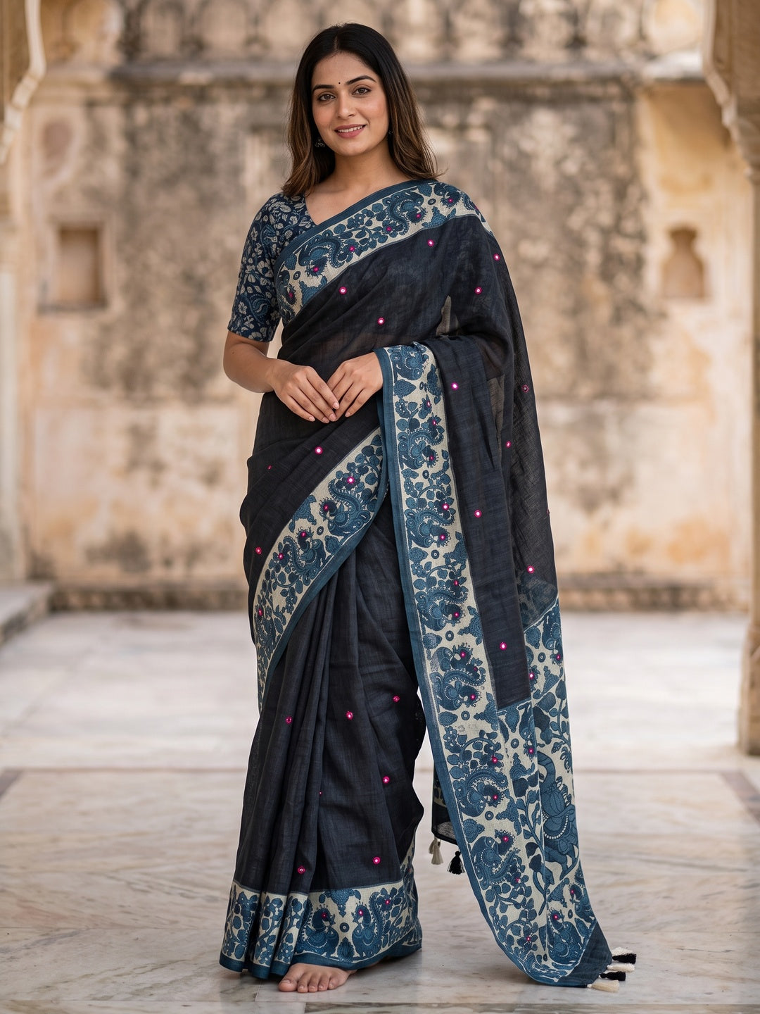Peachmode Black Digital Printed Linen Cotton Saree - Image 1