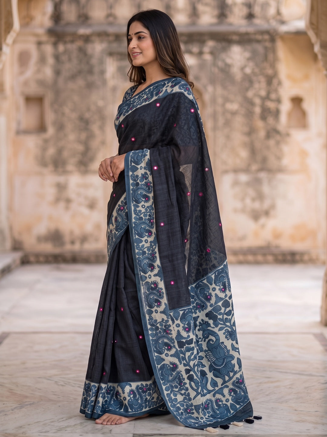 Peachmode Black Digital Printed Linen Cotton Saree - Image 4