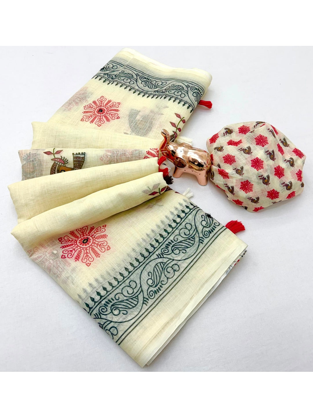 Peachmode Off White Digital Printed Linen Cotton Saree - Image 3