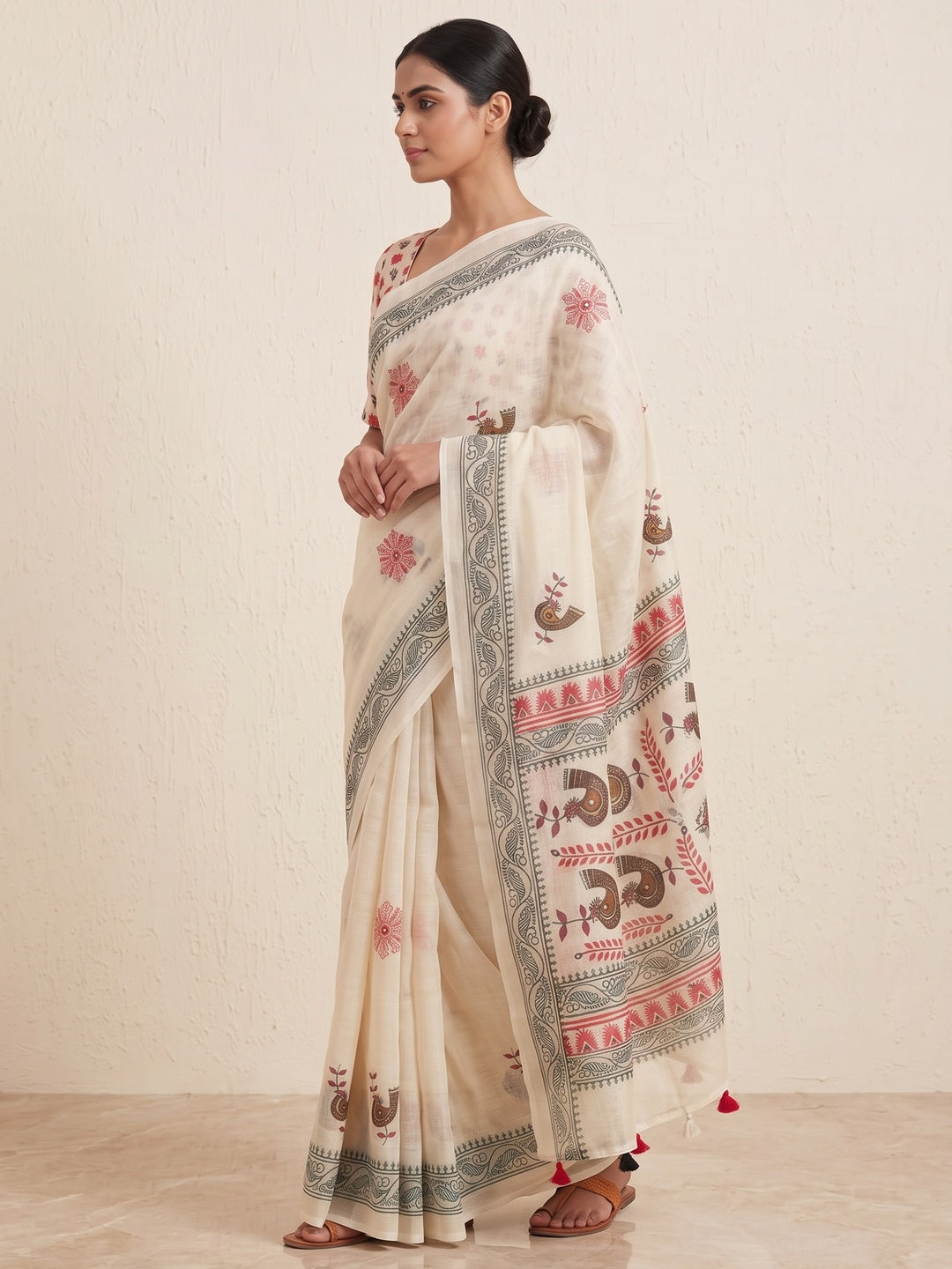 Peachmode Off White Digital Printed Linen Cotton Saree - Image 5