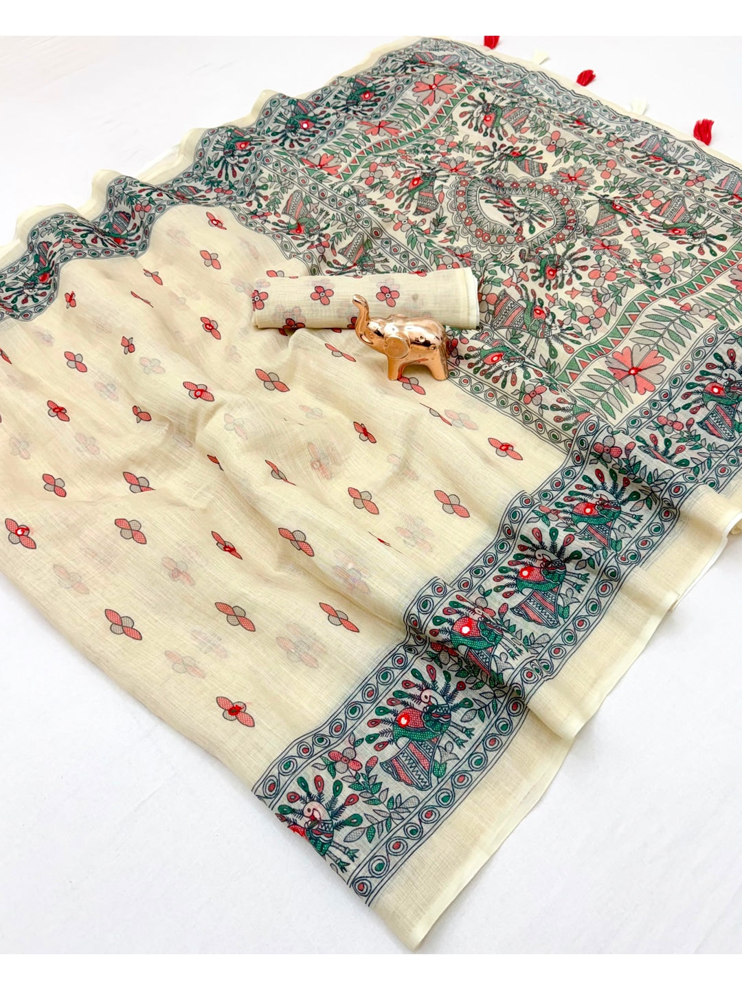 Peachmode Off White Kalamkari Print Linen Cotton Saree - Image 3