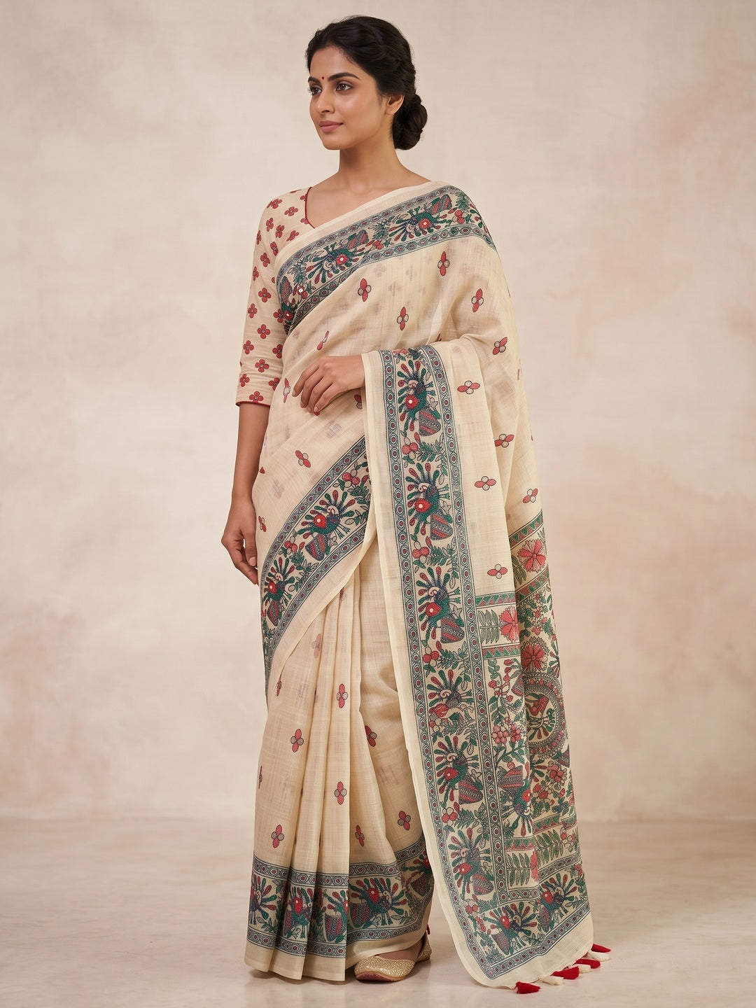 Peachmode Off White Kalamkari Print Linen Cotton Saree - Image 5