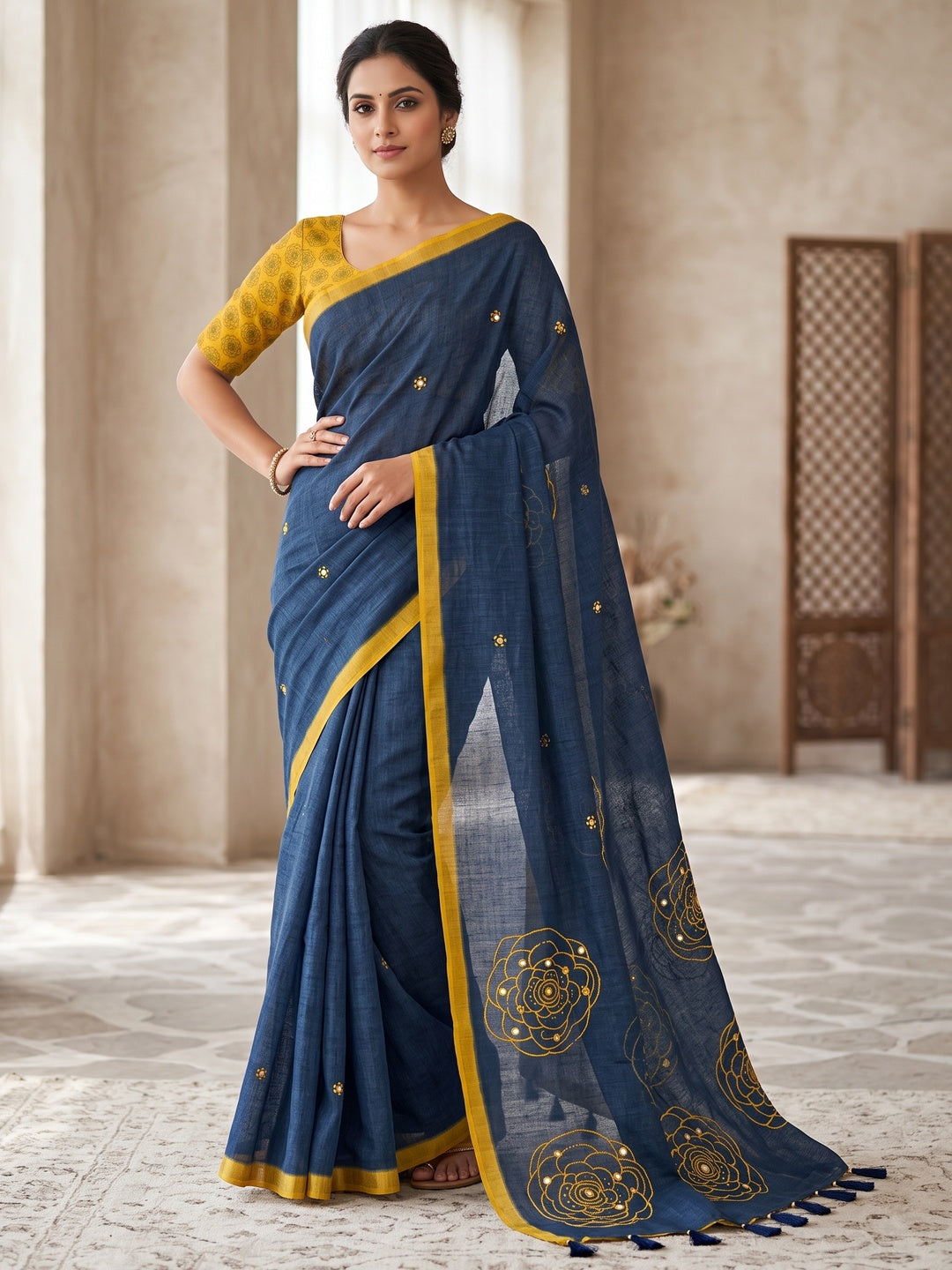 Peachmode Navy Blue Floral Print Linen Cotton Saree - Image 1