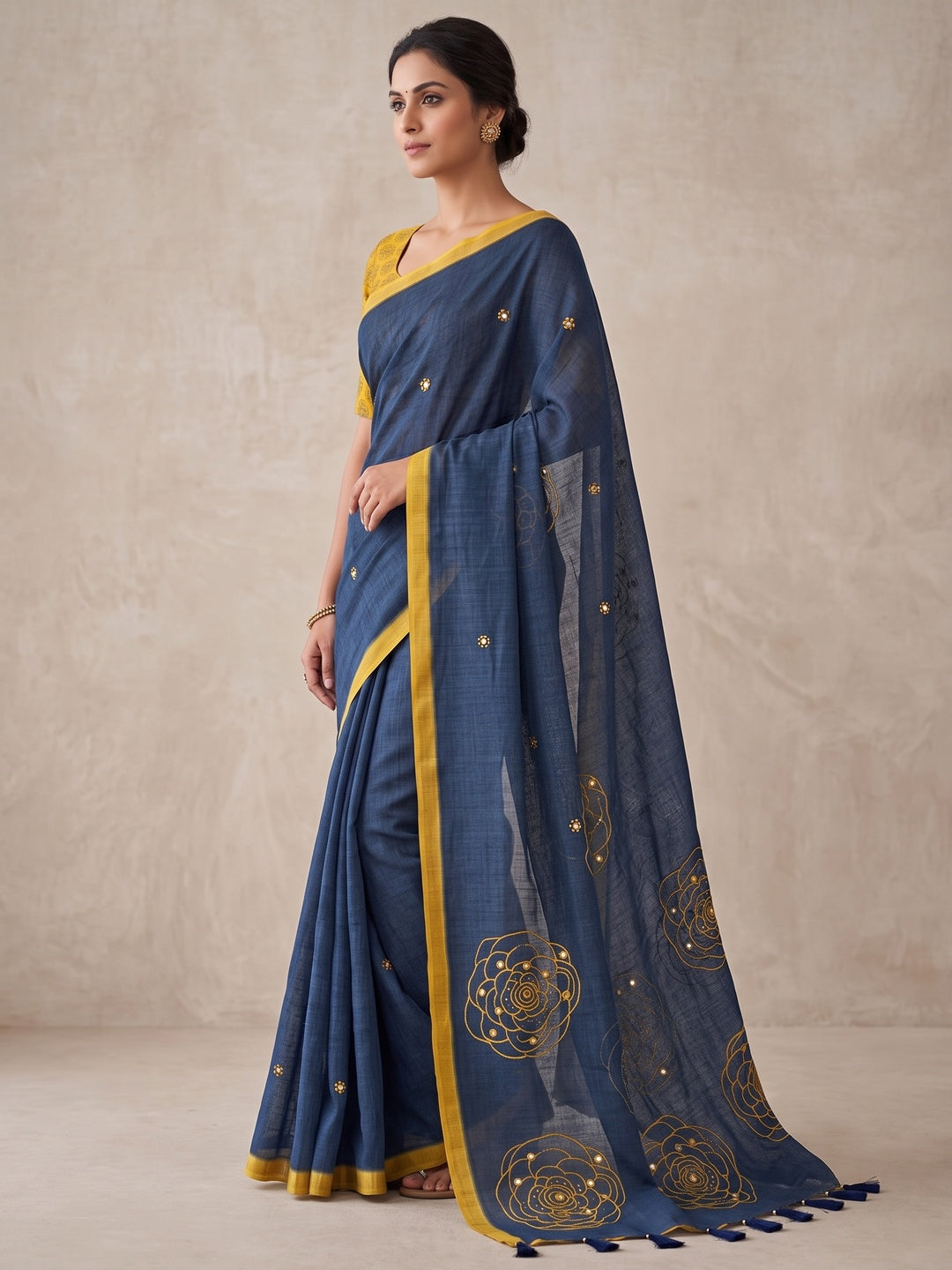 Peachmode Navy Blue Floral Print Linen Cotton Saree - Image 4