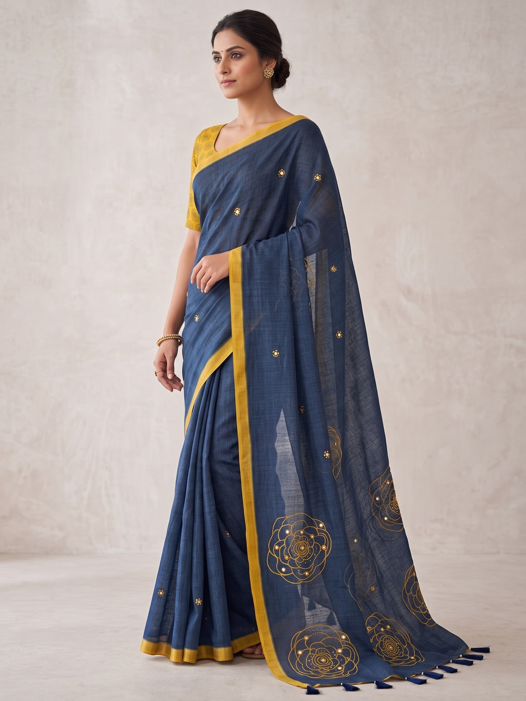 Peachmode Navy Blue Floral Print Linen Cotton Saree - Image 5