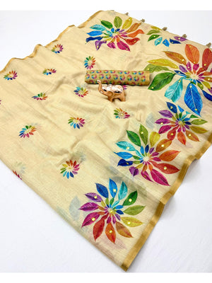 Peachmode Beige Kalamkari Print Linen Cotton Saree - Image 2