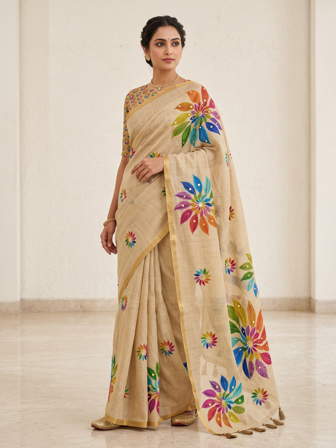 Peachmode Beige Kalamkari Print Linen Cotton Saree - Image 1