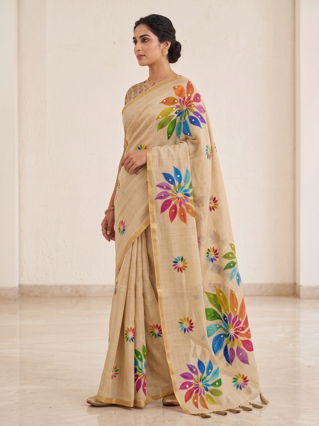 Peachmode Beige Kalamkari Print Linen Cotton Saree - Image 4