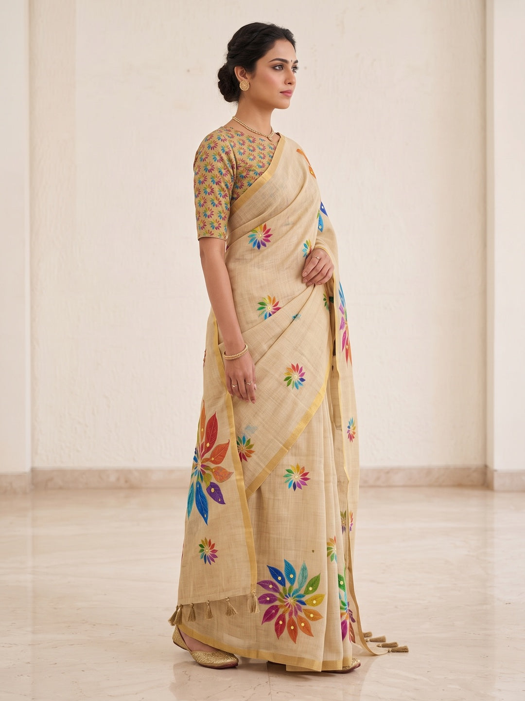 Peachmode Beige Kalamkari Print Linen Cotton Saree - Image 5