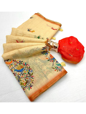 Peachmode Beige Ethnic Print Linen Cotton Saree - Image 2