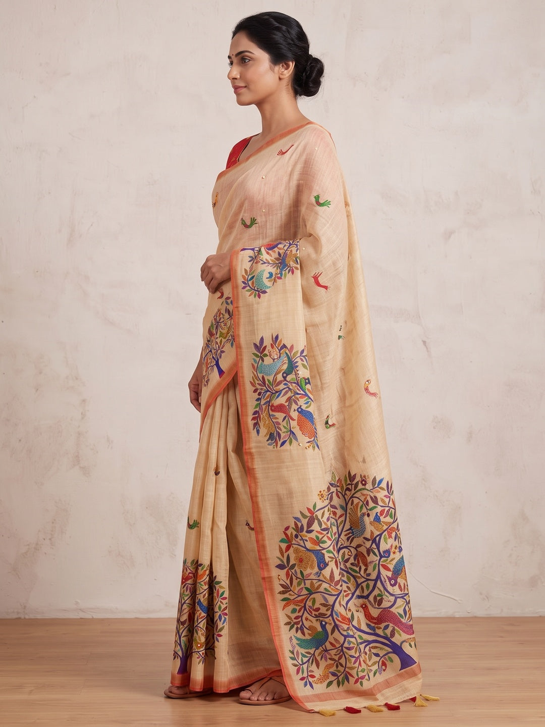 Peachmode Beige Ethnic Print Linen Cotton Saree - Image 4