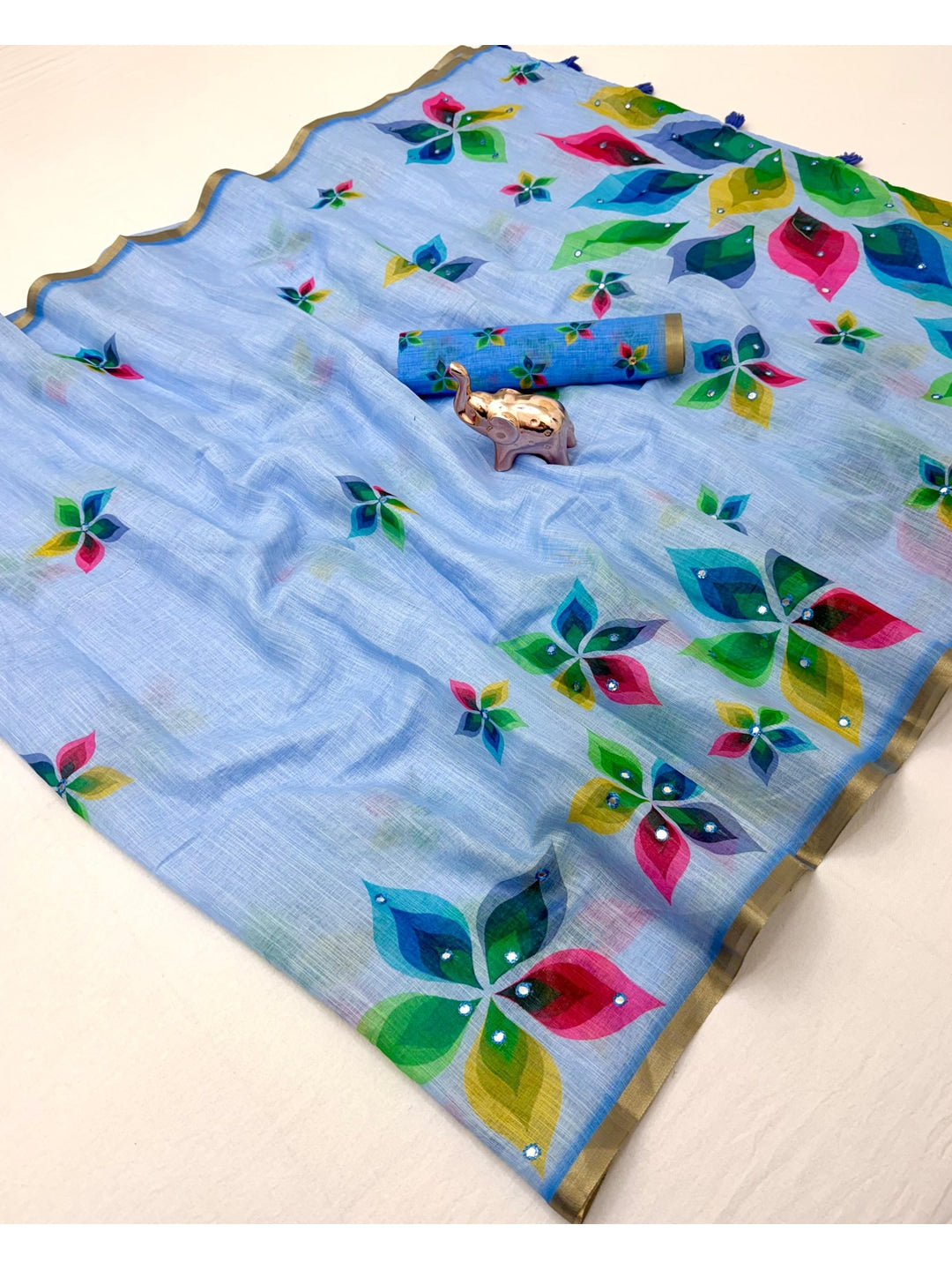 Peachmode Blue Kalamkari Print Linen Cotton Saree - Image 2