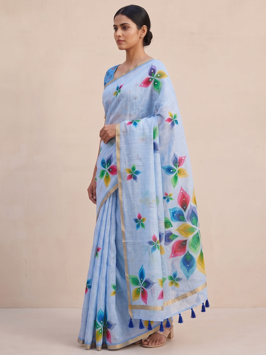 Peachmode Blue Kalamkari Print Linen Cotton Saree - Image 5