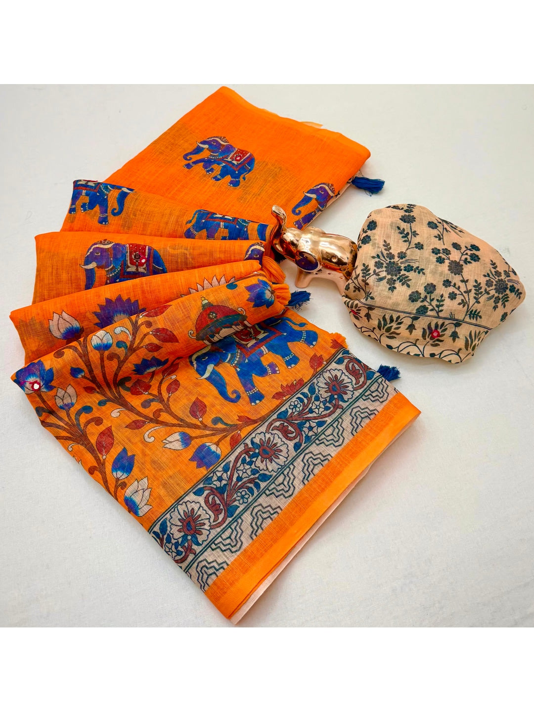 Peachmode Orange Kalamkari Print Linen Cotton Saree - Image 3