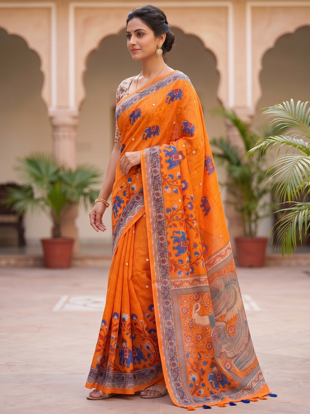 Peachmode Orange Kalamkari Print Linen Cotton Saree - Image 4
