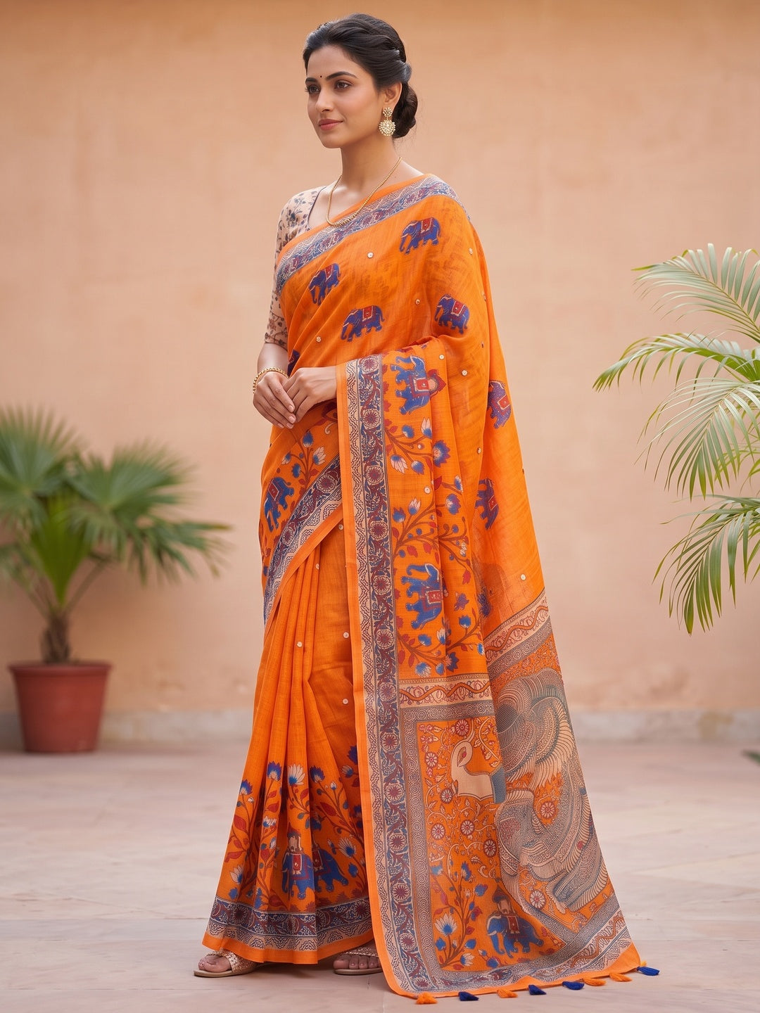Peachmode Orange Kalamkari Print Linen Cotton Saree - Image 5