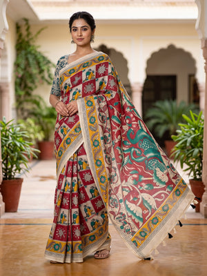 Peachmode Red Kalamkari Print Linen Cotton Saree - Image 1