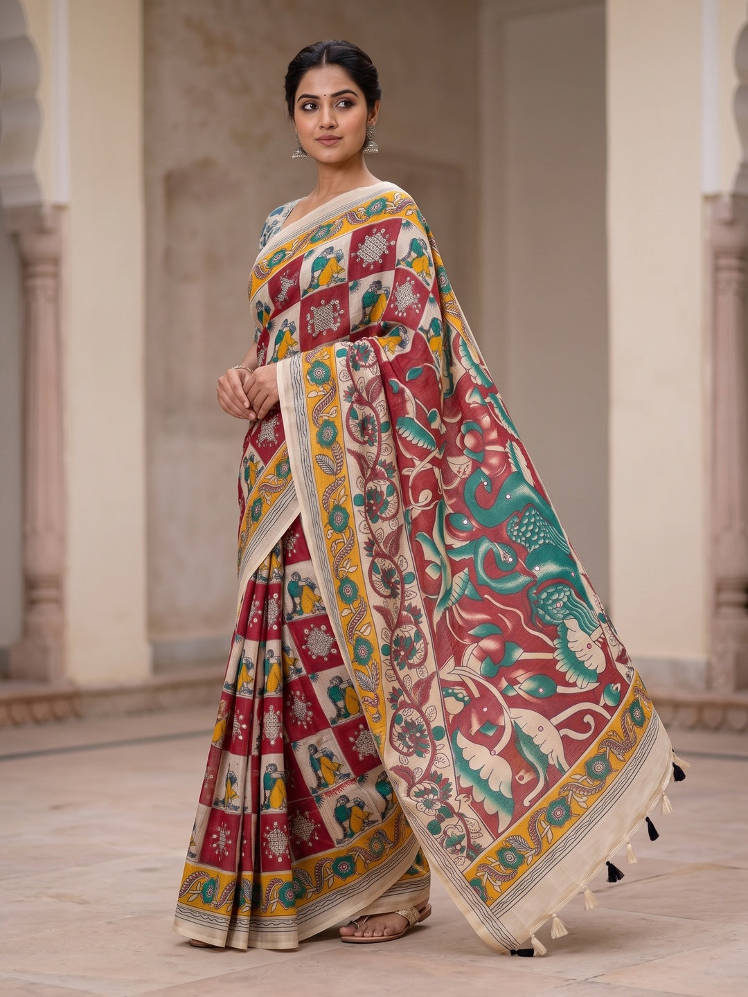 Peachmode Red Kalamkari Print Linen Cotton Saree - Image 5