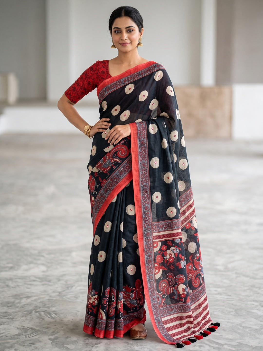 Peachmode Black Red Digital Printed Linen Cotton Saree - Image 1