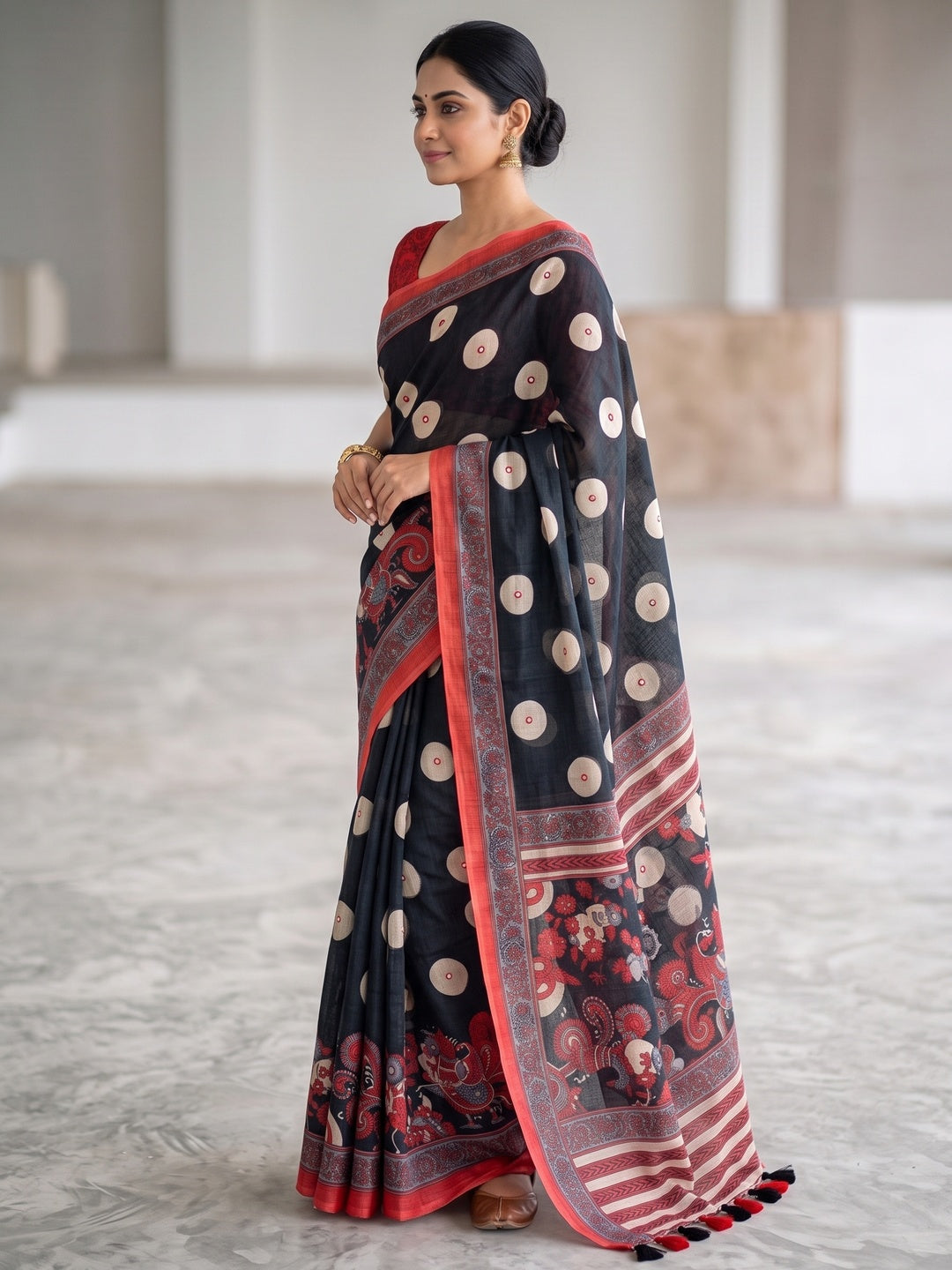 Peachmode Black Red Digital Printed Linen Cotton Saree - Image 5