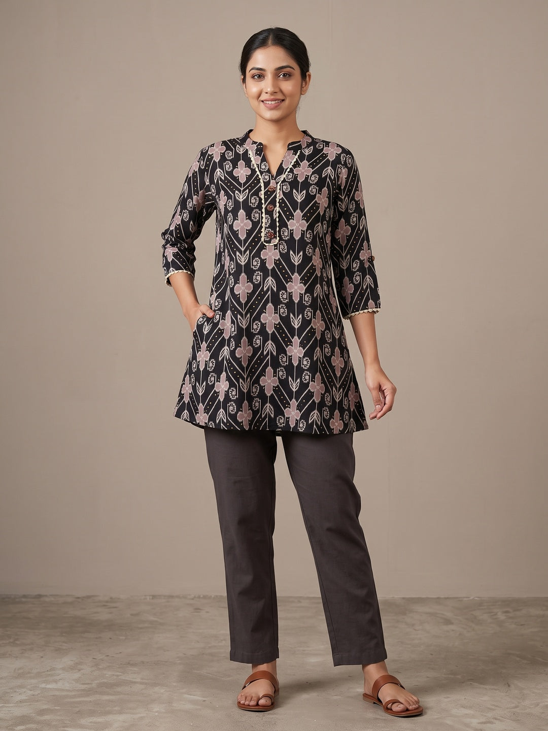 Black Rayon Floral Printed Short Top - Image 1