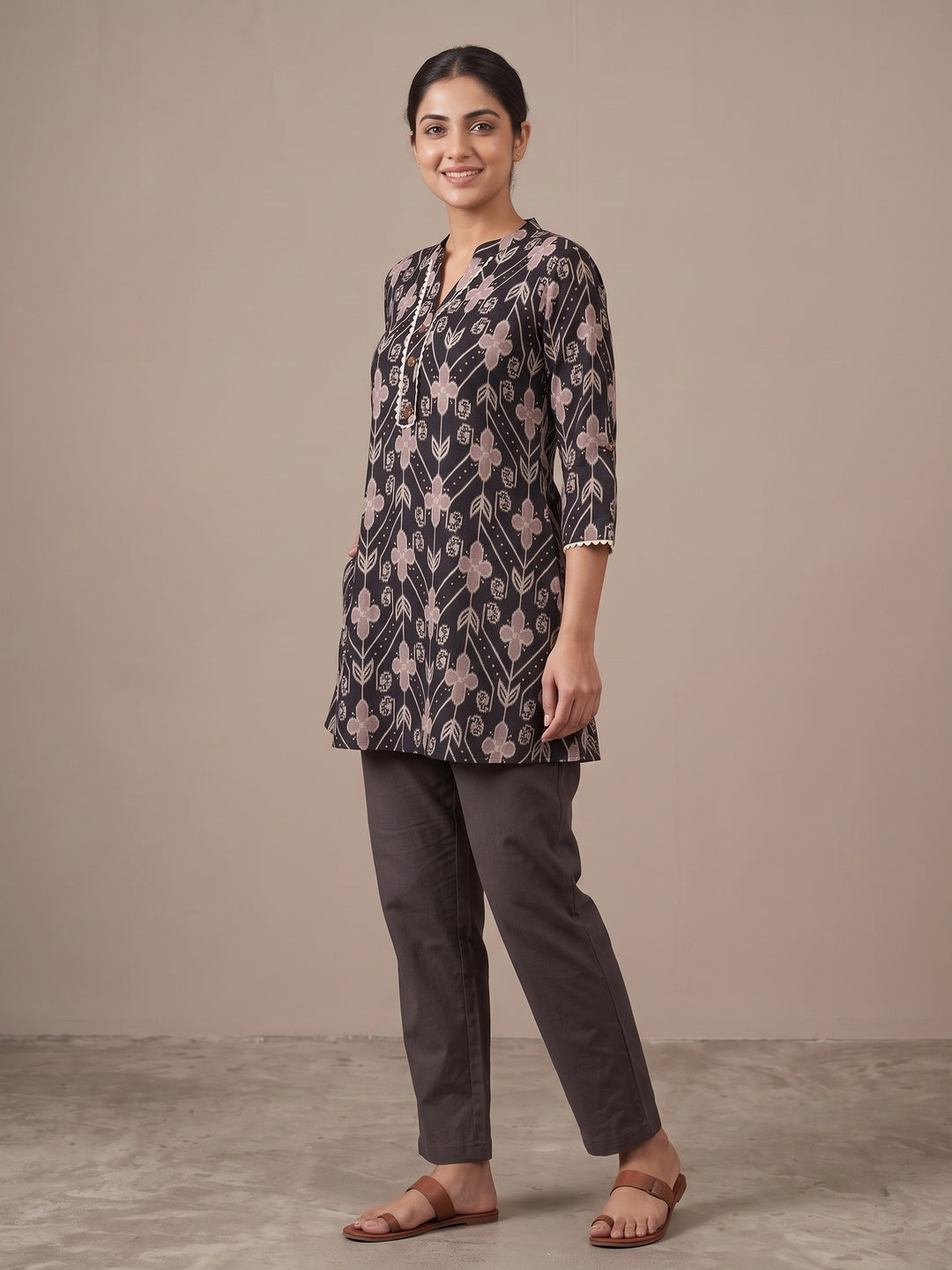 Black Rayon Floral Printed Short Top - Image 2