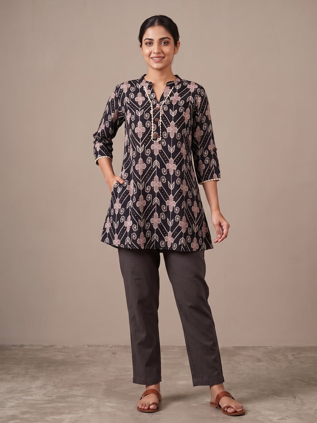 Black Rayon Floral Printed Short Top - Image 3