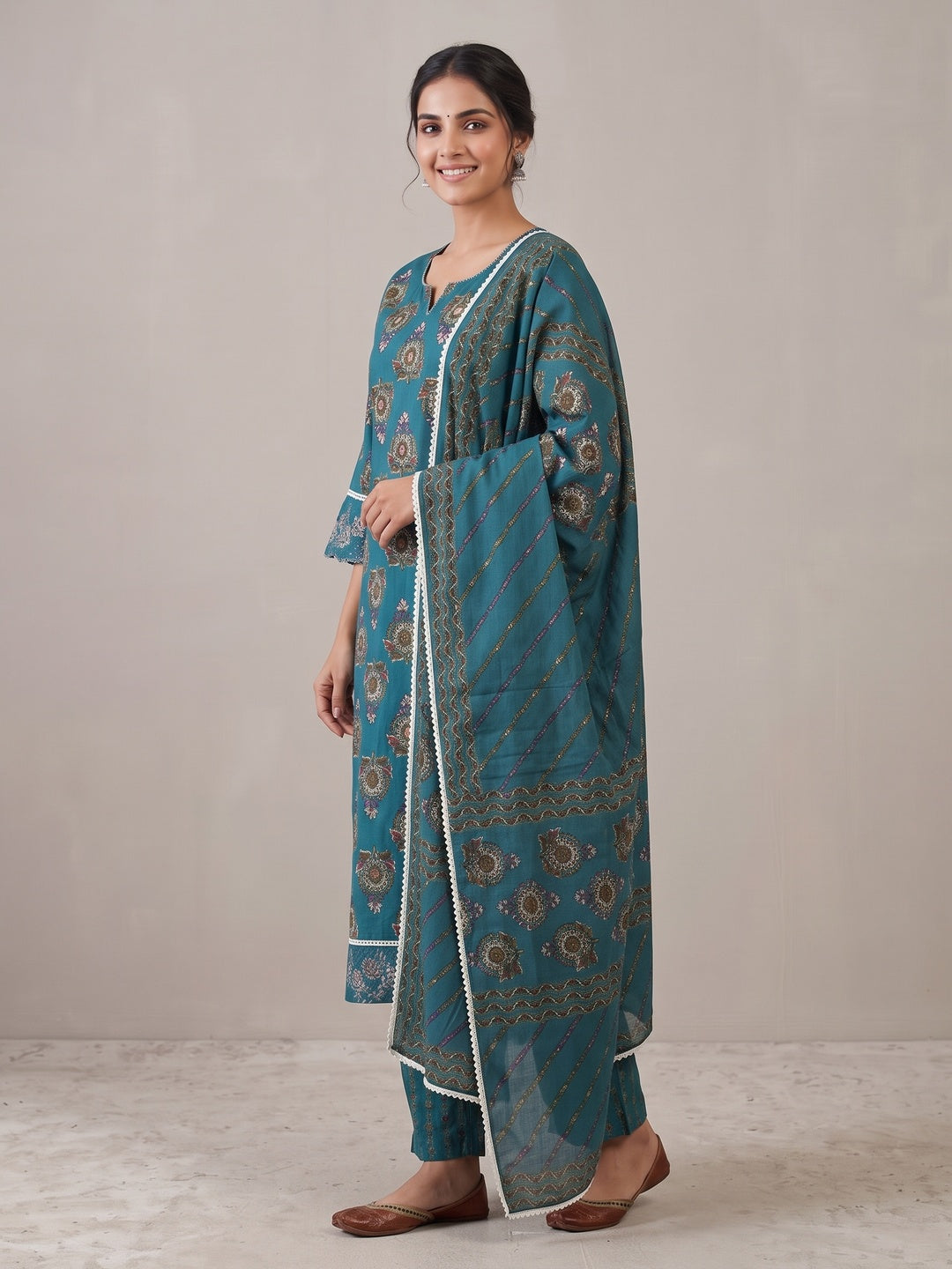 Peacock Blue Cotton Embroidered Salwar Suit Set - Image 2