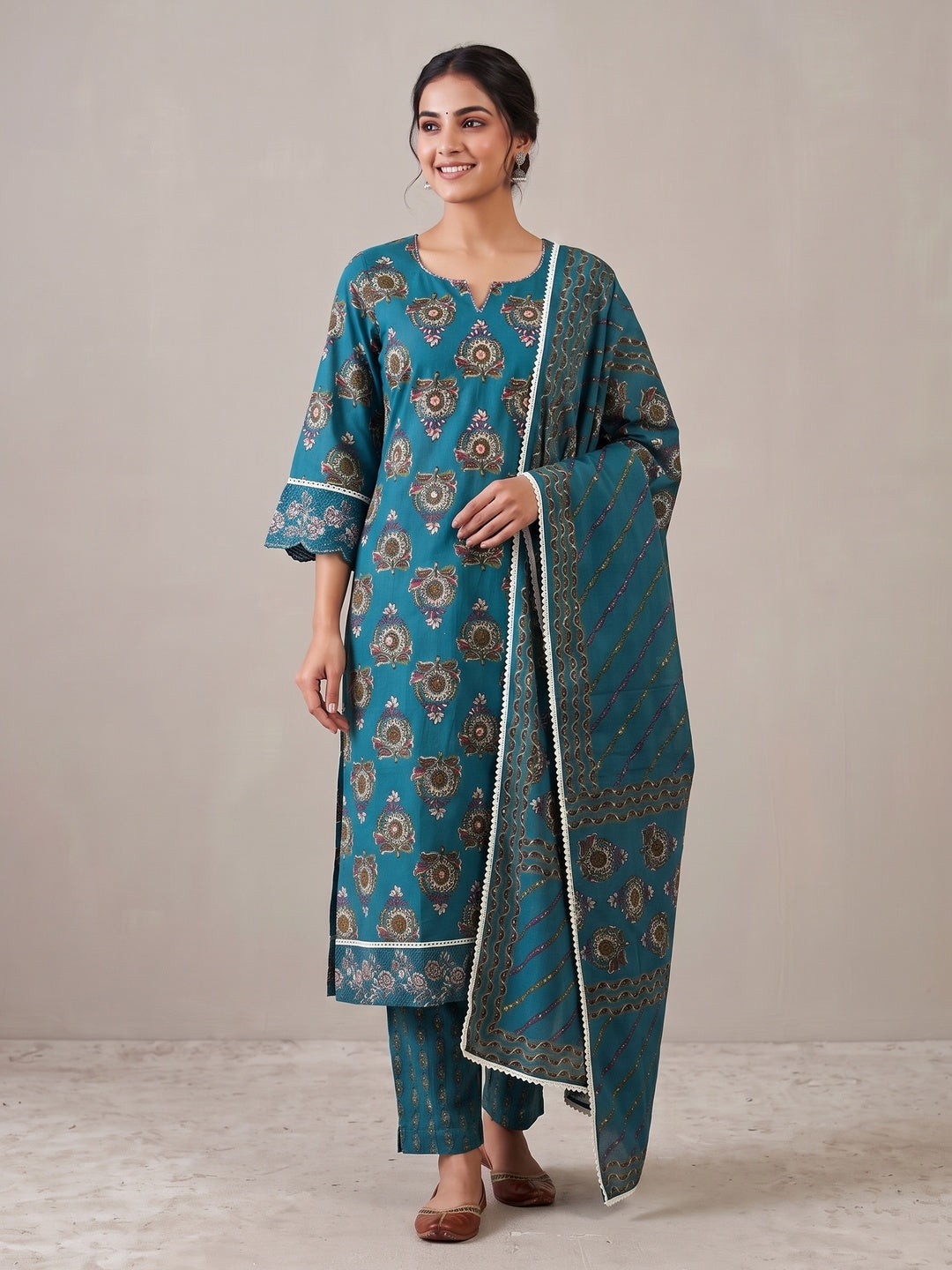 Peacock Blue Cotton Embroidered Salwar Suit Set - Image 3